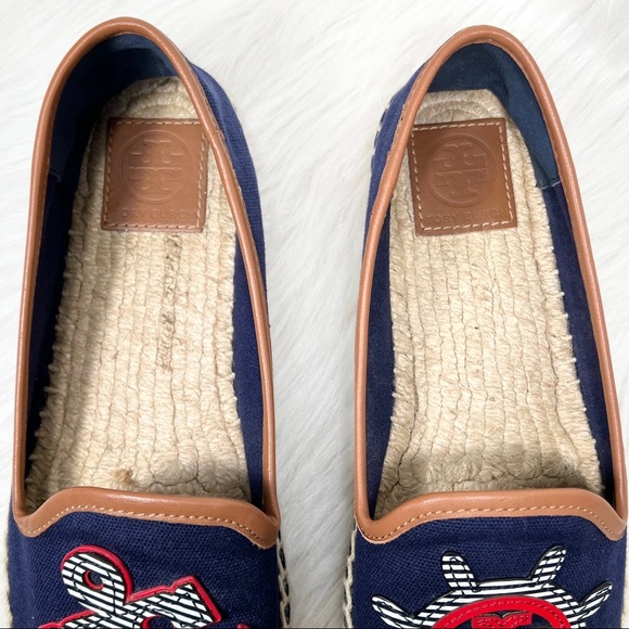 SOLD-Tory Burch Nautical Anchor & Logo Flat Slip On Navy Blue Canvas Espadrilles - Picture 7 of 10